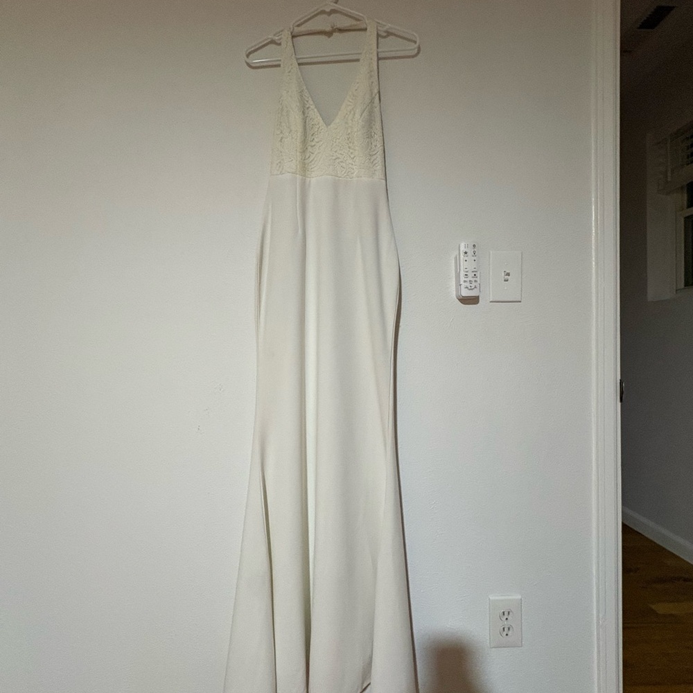Lulu's White Lace Halter Dress with Beige Inserts